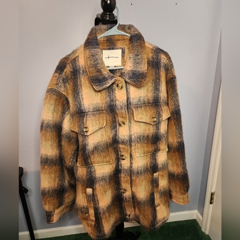 American Eagle AE Brushed Plaid Button Front Shirt Jacket Shacket Women's XL